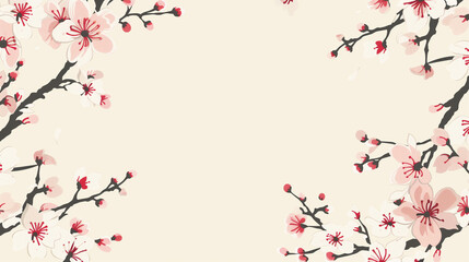Wall Mural - Spring branches in bloom, pink cherry flowers, on ivory background space in the middle, drawing