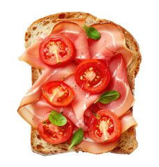 Slice of bread with ham and tomatoes isolated on transparent background, top view