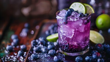 Wall Mural - Blueberry purple cocktail drink with limes and blueberries scattered