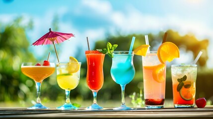 Poster - Colorful summer cocktails on a nature background on a sunny day.