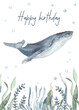 Underwater creatures with blue whale, corals, seaweed for cards and invitation Watercolor Happy Birthday card 