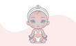 Vector sitting cute little baby doll girl. Kawaii kid with big green eyes. Young beautiful fashionable model with swimsuit.