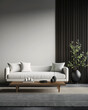 Stylish living room interiors with a sofa placed next to a window, wall panels a small table