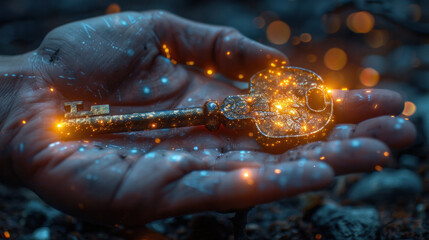 Wall Mural - Advanced tech concept: Glowing digital key in hand, unlocking innovation.