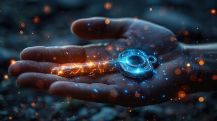 Wall Mural - Advanced tech concept: Glowing digital key in hand, unlocking innovation.