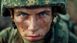Eyes of Valor, Close-up of a soldier's face, revealing the intensity and emotion of service.