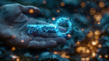 Wall Mural - Digital innovation: Glowing key in hand, unlocking the future of technology.