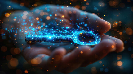 Wall Mural - Digital innovation: Glowing key in hand, unlocking the future of technology.