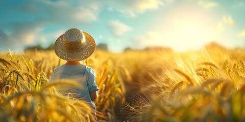 Wall Mural - Biotechnologically enhanced Wheat Field Basking in Golden Sunlight Promising Bountiful Harvest and Eco friendly Progress