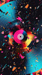 Vinyl record explosion, 3D vector, colorful abstract shards