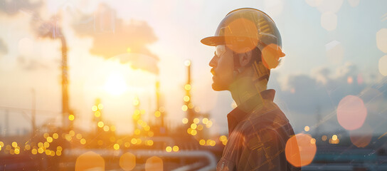 Wall Mural - Energy sector engineer in the foreground with a vibrant refinery scene behind in a detailed double exposure