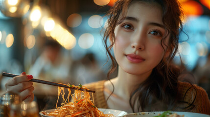 Canvas Print - Young people eating in a Thai restaurant, they eating with chopsticks, close-up on hands and food.