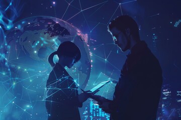 Wall Mural - A businessman and woman in suits stand against the background of digital technology, global networks, and big data visualizations. The world map is visible on the top left side of the composition. A l