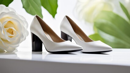 Realistic studio photograph of white high-heeled shoes with flower petals on a white background.