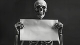 Fototapeta  - Skeleton holding up a blank sign in a creative representation of concept or message delivery