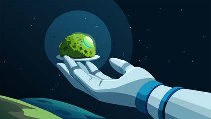 A gloved hand carefully holds a handful of strange greenglowing moss plucked from the surface of a distant moon. Nearby a rover stands ready to