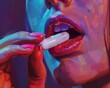 Vibrant artwork of a mouth and fingers holding a capsule, with a psychedelic and health theme.