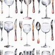 Watercolor seamless pattern of minimalist table settings and fine dining utensils on a pure white background, capturing the essence of Horeca elegance