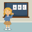 Cute Girls Learning Alphabet, Elementary School Student Standing at Blackboard