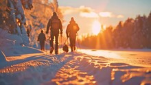 A Parents And Children Walking Home With A Dog Exploring The Snowy Winter Landscape Walking Through The Snowy Landscape At Winter Sunset