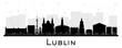 Lublin Poland city skyline silhouette with black buildings isolated on white. Lublin cityscape with landmarks. Business and tourism concept with modern and historic architecture.
