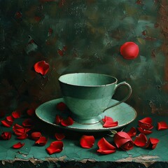 An elegant composition of a green teacup with red rose petals scattered around.