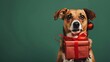 Dog holding a gift on a green background with space for your text High quality photo