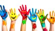 Vibrant painted hands raised, symbolizing joy and diversity. Child-friendly, creative art activity. Bright colors, white background. Expressive, fun, educational. AI