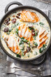 Tuscan pan seared salmon in a delicious creamy sauce with spinach, sun dried tomatoes and parmesan closeup in the pan on the table. Vertical top view from above
