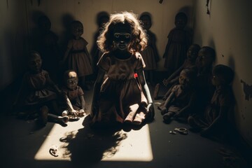 Wall Mural - Creepy doll surrounded by shadows