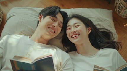 Poster - A Korean couple smiles happily with a stack of books while lying on their backs in the living room, looking at the ceiling. The man was lying on the left-hand side of the living room floor. The woman 