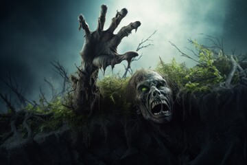 Wall Mural - Zombie hand reaching out from a grave