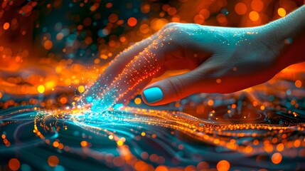Wall Mural - futuristic touch of technology by a human hand glowing with cyber particles. digitally enhanced real