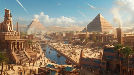 An ancient Egyptian city at the peak of its glory, with pyramids, Sphinx, and bustling markets. Resplendent.