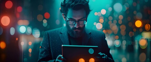Handsome young businessman using tablet computer on abstract city background with double exposure of business graph. generative ai