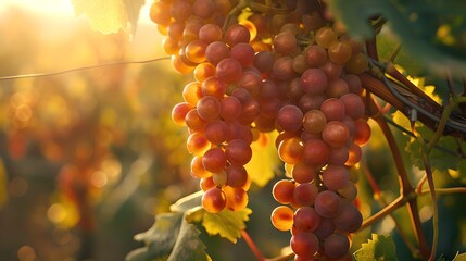 Sticker - Sun-kissed ripening grapes hanging on a vine. Golden hour in a vineyard. Fresh produce natural backdrop, perfect for wineries and agriculture. AI