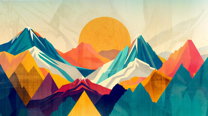 Wall Mural - abstract mountain view landscape illustration in bright colors with moon / sun , flat lay 2d background 