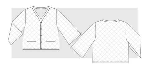 Wall Mural - Quilted lightweight jacket with v-neck technical sketch. Vector illustration.