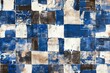 Blue and white checkered background with grunge texture, abstract background