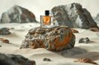 Perfume bottle on a stone in the desert,   render