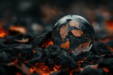 Crystal Ball With Autumn Leaves On The Background Of Burning Coals