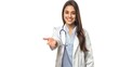 female doctor with stethoscope, young female doctor with she's right hand extended extended forward inviting the viewer to shake hands. she's smiling, on white background 