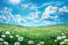 Field Of Daisies On The Background Of The Blue Sky With Clouds