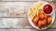 Top view of traditional chicken nuggets and french fries on wooden table with space for text