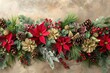 A festive arrangement of poinsettias, pine cones, and berries, nestled among lush evergreen branches against a backdrop of soft champagne gold