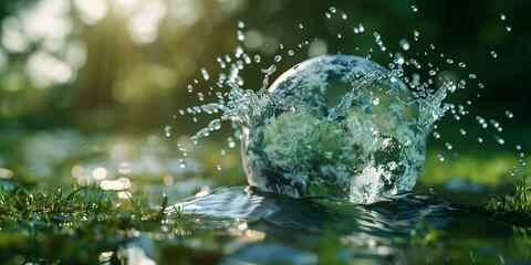 Wall Mural - glass earth falling into water on green background