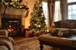 A cozy living room scene with a beautifully decorated tree, against a backdrop of soft ivory, offering plenty of space for your seasonal message.