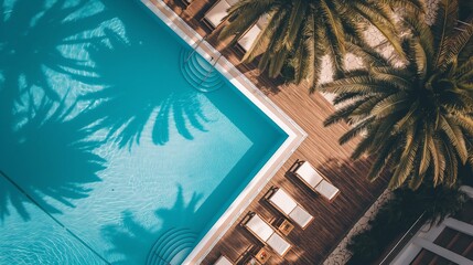 Wall Mural - top view of a relaxation area with a swimming pool in a private villa with sun loungers for guests to sunbathe. vacation spot in a tropical country