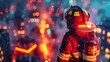 A firefighter battling flames in a neon-lit city, dynamic animation lighting highlights heroism