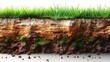 An illustration showing green grass and layers of soil, including organic matter, sand, and clay, in a cross section view.